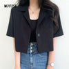 Notched Single Button Suit Summer Retro Casual Short Sleeve Blazers Crop Jacket Thin Korean Chic Blouse Shirts 2023 New