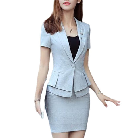 Novelty Black Grey Summer Short Sleeve Career Blazer And OL Skirt For Ladies Office Work Wear Uniforms Outfits