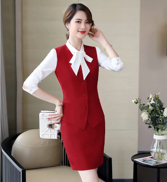 Novelty Red Formal 2 Piece Set With Skirt and Tops 2022 Spring Summer Uniform Styles Business Suits Vest & Waistcoat Blazers