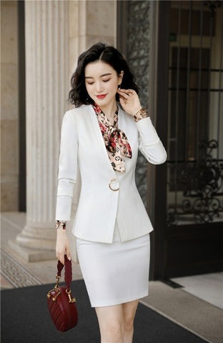 Novelty White 2023 Autumn Winter Formal Women Business Suits with Blazer and Skirt Ladies Professional Work Wear Blazers Sets