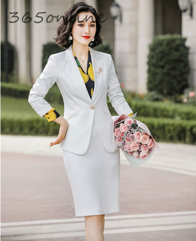Novelty White Styles Autumn Winter Women Business Suits with Skirt and Tops Ladies Office Work Wear OL Blazers Set