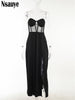 Nsauye 2023 Patchwork Women Off Shoulder Black Split Party Long Dress Sexy Backless Elegant Evening Bodycon Maxi Dresses
