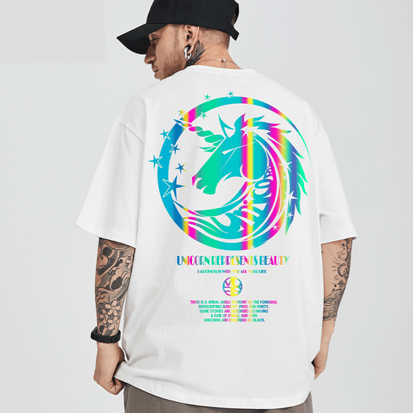 Wood Village Three Society original design reflective unicorn printing creative fun loose short-sleeved youth jacket trend