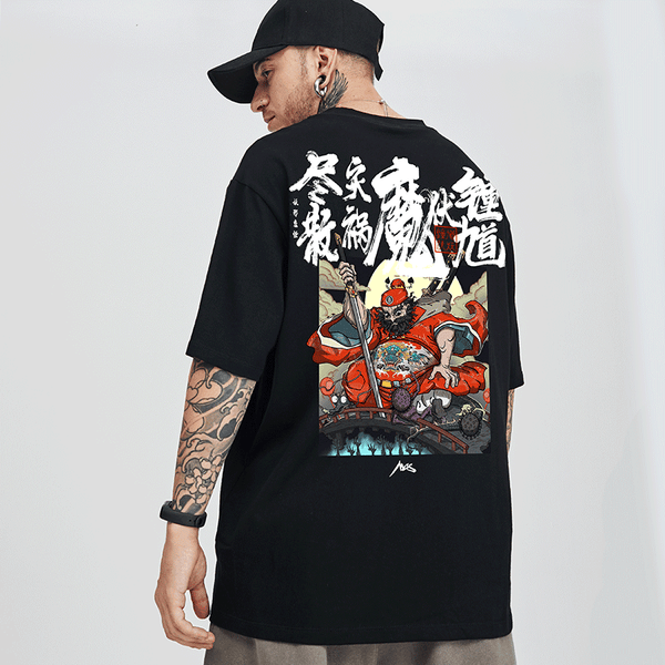 Kimura three social national tide original new hand-painted bell printing loose breathable round collar large-sleeve men and women with the same model.