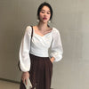 OCEANLOVE Velvet Sexy V Neck Women Blouses Solid Pleated Lantern Sleeve Blusas Mujer Short Office Lady 2023 Spring Shirts 13704