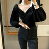 OCEANLOVE Velvet Sexy V Neck Women Blouses Solid Pleated Lantern Sleeve Blusas Mujer Short Office Lady 2023 Spring Shirts 13704