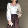OCEANLOVE Velvet Sexy V Neck Women Blouses Solid Pleated Lantern Sleeve Blusas Mujer Short Office Lady 2023 Spring Shirts 13704