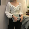 OCEANLOVE Velvet Sexy V Neck Women Blouses Solid Pleated Lantern Sleeve Blusas Mujer Short Office Lady 2023 Spring Shirts 13704