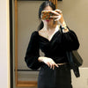 OCEANLOVE Velvet Sexy V Neck Women Blouses Solid Pleated Lantern Sleeve Blusas Mujer Short Office Lady 2023 Spring Shirts 13704