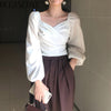 OCEANLOVE Velvet Sexy V Neck Women Blouses Solid Pleated Lantern Sleeve Blusas Mujer Short Office Lady 2023 Spring Shirts 13704