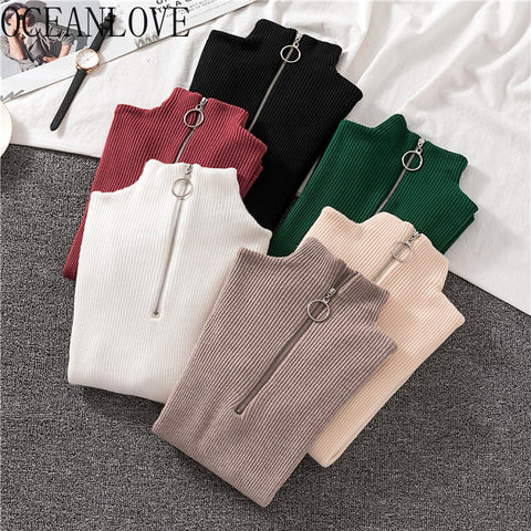 OCEANLOVE Zipper Half Turtleneck Sweater Women Solid Slim Autumn Winter Clothes 2019 Sueter Mujer Basic Fashion Pullovers 12605