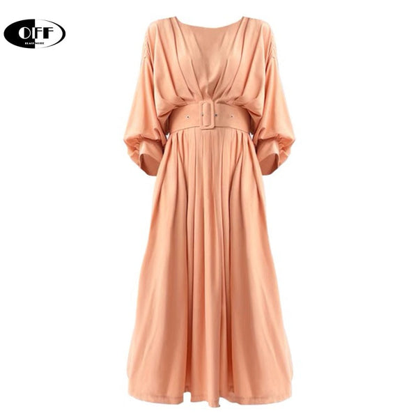 OFF Autumn Spring Casual One Piece Midi Dress Traf Bat Sleeve High Wasit Elegant Korean Party Pleated Dresses Women Robe