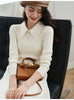 OFF Korean Chic Elegant Midi Dresses Traf Solid Long Sleeve Slim Peter Pan Collar Knitting Women Sweaters Dress Femme ZA