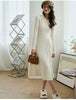 OFF Korean Chic Elegant Midi Dresses Traf Solid Long Sleeve Slim Peter Pan Collar Knitting Women Sweaters Dress Femme ZA