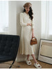 OFF Korean Chic Elegant Midi Dresses Traf Solid Long Sleeve Slim Peter Pan Collar Knitting Women Sweaters Dress Femme ZA
