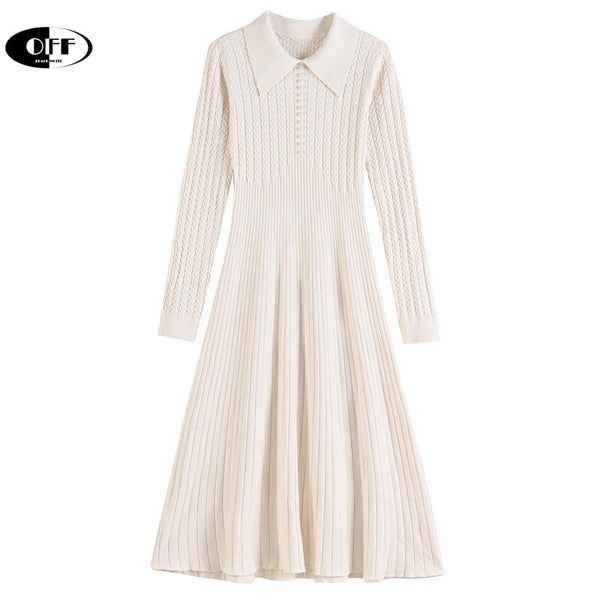 OFF Korean Chic Elegant Midi Dresses Traf Solid Long Sleeve Slim Peter Pan Collar Knitting Women Sweaters Dress Femme ZA