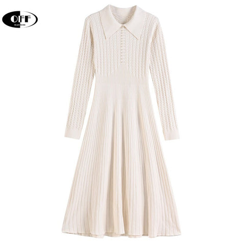 OFF Korean Chic Elegant Midi Dresses Traf Solid Long Sleeve Slim Peter Pan Collar Knitting Women Sweaters Dress Femme ZA