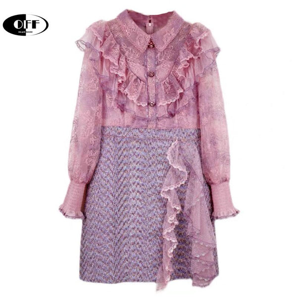 OFF Traf Autumn Elegant Mini Dress Women's Clothes Lace Ruffles Patchwork Plaid Short Dresses Party Festival Lady Robe Vestidos