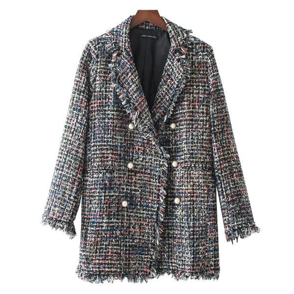 [OL] Autumn Spring New Bold Line Long Woolen Coat Female Europe Loose Slim Frazzle Jacket Women's Blazers A736