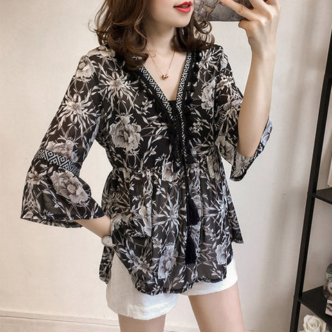 [OL]Summer Women New Chiffon Shirt Office Lady V-neck Full Sleeve Print Loose Comfortable Blusa Feminina H732