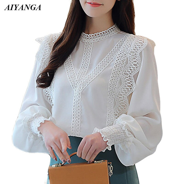 OL Elegant Chiffon Shirts Women 2023 Spring Blouses Female Lantern Sleeve Patchwork Lace Shirt Loose Blouse Office Lady Tops