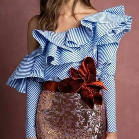 OL Long Sleeve Women's Blouse Shirts One Shoulder Ruffle Striped Plaid Summer Shirts Loose Casual Tops