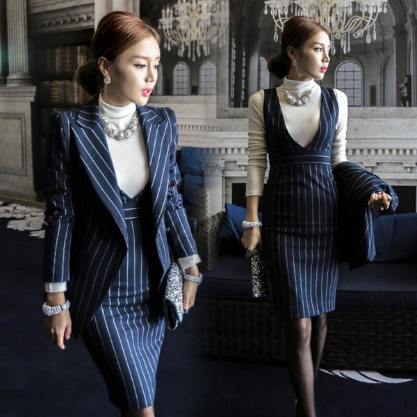 OL Work Striped Office Lady Dress Suits 2 Two Piece Sets Elegant Women Blazer Jacket + Sheath Dresses Femme Official