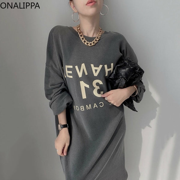 ONALIPPA Women Casual Dress Autumn All-Match Round Neck Hollow Open Back Letter Printing Loose Long-Sleeved Hoodies Vestidos