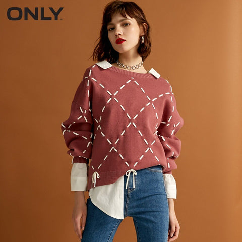 ONLY 2019 womens' winter new loose rope lace knit sweater Trendy diamond lattice Tie-up design|118324560