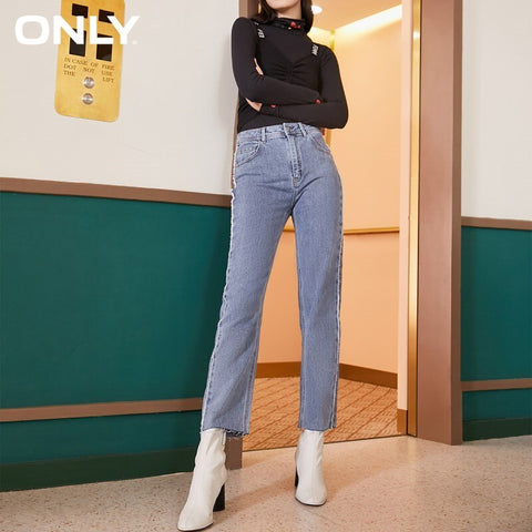 ONLY summer style raw edge high waist straight cropped jeans women | 120349083