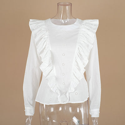 Autumn Winter Eyelet Embroidery Blouse Women Long Sleeve White Shirt Female Tops Tunic Office Blouse Ruffle Fashion 2022