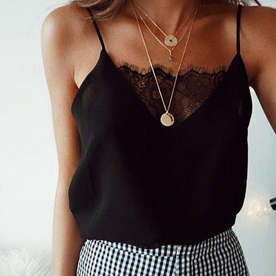 Black White Lace Thin Camis Women Slip Tank Tops Female 2022 Summer Sexy Strap Tops Chiffon Sleeveless See Through Camisole