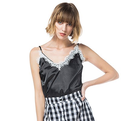 Lace Top Women Golden Pink Black Tank Top Female Silk Camisole Summer Camis Satin Crop Top Sexy V neck Open Back Sleeveless