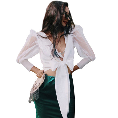 Mesh Sheer Tunic Blouse White Women Puff Three Quarter Front Tie Blouse Tops Female Shirts See Through Sexy Summer Top 2022