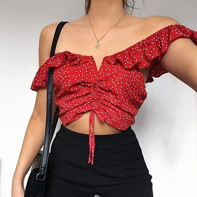 Tank Tops Women Summer 2022 Polka Dot Tunic Crop Top Female Off Shoulder Short Hot Top Tie Red Ruffle Camis Sleeveless Sexy