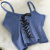 OUMEA Women Knitted Rib Cami Top Lace-Up Front  Solid Drawstring Eyelet Sleeveless Camis Spaghetti Rib Crop Top Sexy Feminino