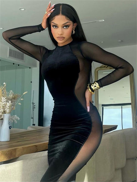 Odessa Sexy Bodycon Black Elegant Women Midi Dress 2023 Winter Spring Evening Party Long Sleeve Glitter Women's bandage Dresses