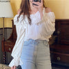 Off Bahu Tops Musim Gugur Desain Baru Lucu Manis Gadis Solid Putih Kemeja Blus Wanita Mengacak-acak Hollow Keluar Renda Putih Top blusas