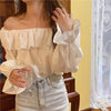 Off Bahu Tops Musim Gugur Desain Baru Lucu Manis Gadis Solid Putih Kemeja Blus Wanita Mengacak-acak Hollow Keluar Renda Putih Top blusas