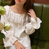 Off Bahu Tops Musim Gugur Desain Baru Lucu Manis Gadis Solid Putih Kemeja Blus Wanita Mengacak-acak Hollow Keluar Renda Putih Top blusas
