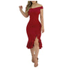 Off Sholuder Sexy Ruffles Mid Dress  Women Evening Party Dress Bodycon Dress Femme Casual Short Sleeve Dresses Vestidos