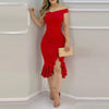 Off Sholuder Sexy Ruffles Mid Dress  Women Evening Party Dress Bodycon Dress Femme Casual Short Sleeve Dresses Vestidos