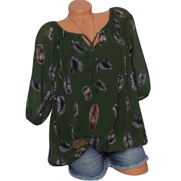 Off Shoulder Feather Printed Chiffon Blouse Women Tops Vintage Sexy V-Neck Summer Shirts Female Ladies Blusas Plus Size M-4XL