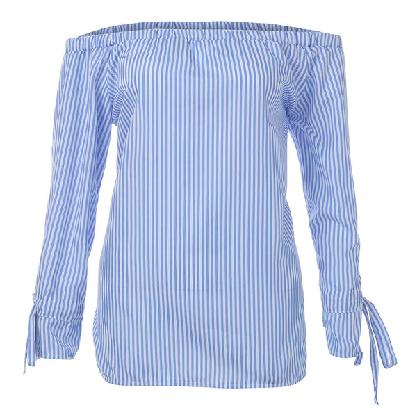 Off Shoulder Shirt Women Long Sleeve Stripe Print Big Size Tunic Tops 2022 Autumn Plus size Loose Women Blouse blusa feminina