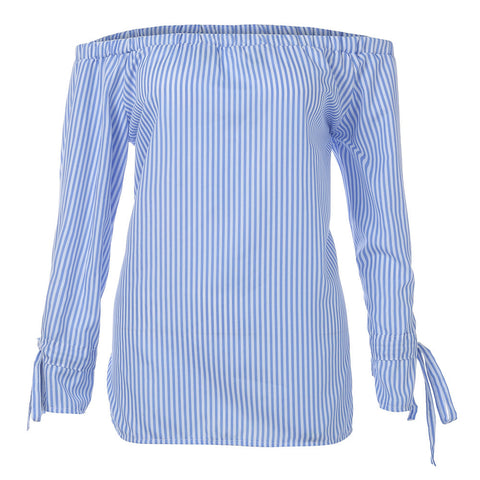 Off Shoulder Shirt Women Long Sleeve Stripe Print Big Size Tunic Tops 2022 Autumn Plus size Loose Women Blouse blusa feminina