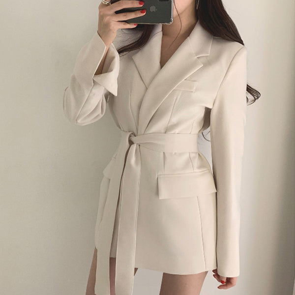 Office Ladies Blazer Dress Women Suits with Belt Outerwear Women's Jackets 2023 Long Sleeve Elegant White Black Jacket Female