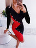 Office Ladies Dress Long Sleeve V-neck Bodycon Patchwork Buttons Elegant Short Dresses 2022 Spring Autumn Women Slim Mini Dress