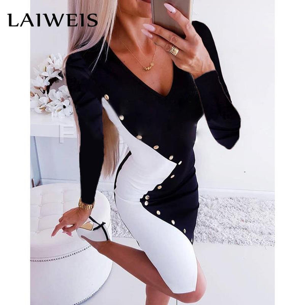 Office Ladies Dress Long Sleeve V-neck Bodycon Patchwork Buttons Elegant Short Dresses 2022 Spring Autumn Women Slim Mini Dress