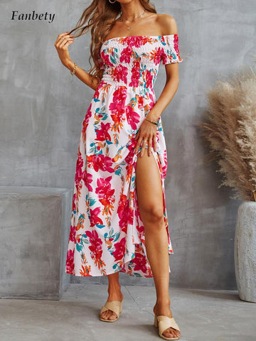 Office Ladies Elegant Floral Print Slit Midi Dress 2023 Summer Slash Collar Off Shoulder Party Dresses Women Chic Dress