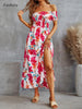 Office Ladies Elegant Floral Print Slit Midi Dress 2023 Summer Slash Collar Off Shoulder Party Dresses Women Chic Dress